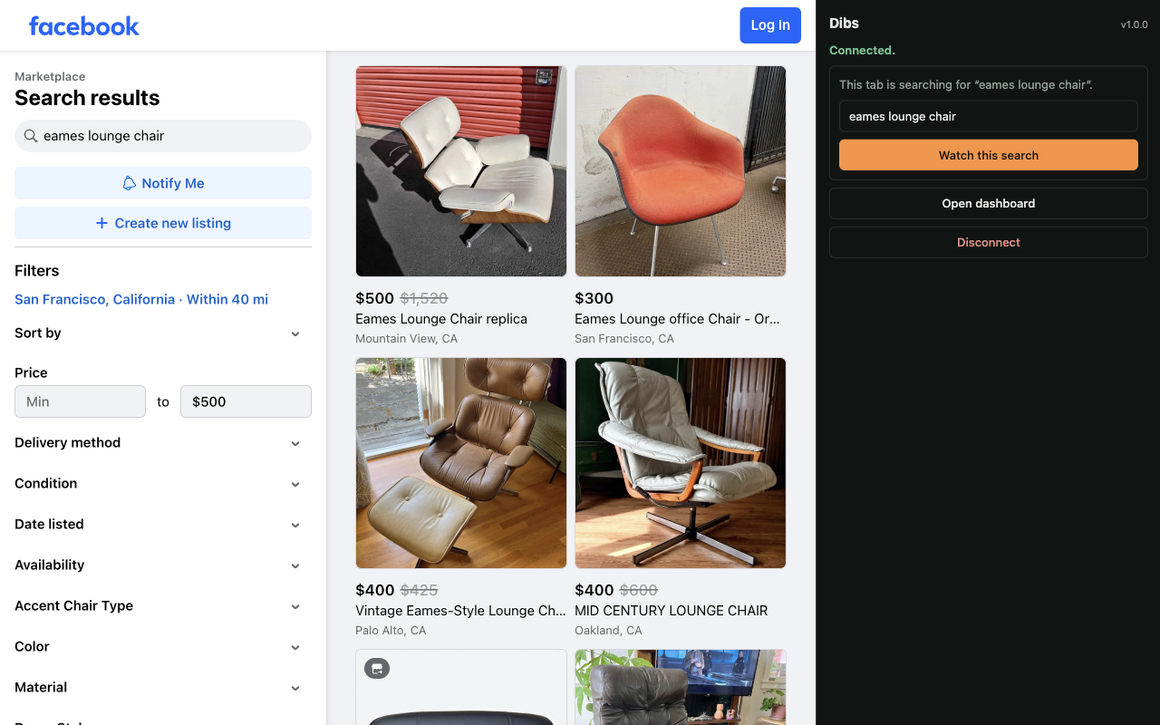 A Facebook Marketplace search for “eames lounge chair” with the Dibs side panel open on the right, showing a “Watch this search” button.